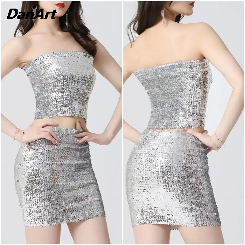 Girly Shiny Chest Wrap Top and Short Skirts Set Women Sequin Slim Party Prom Nightclub Carnival Appare Holiday Performance Set