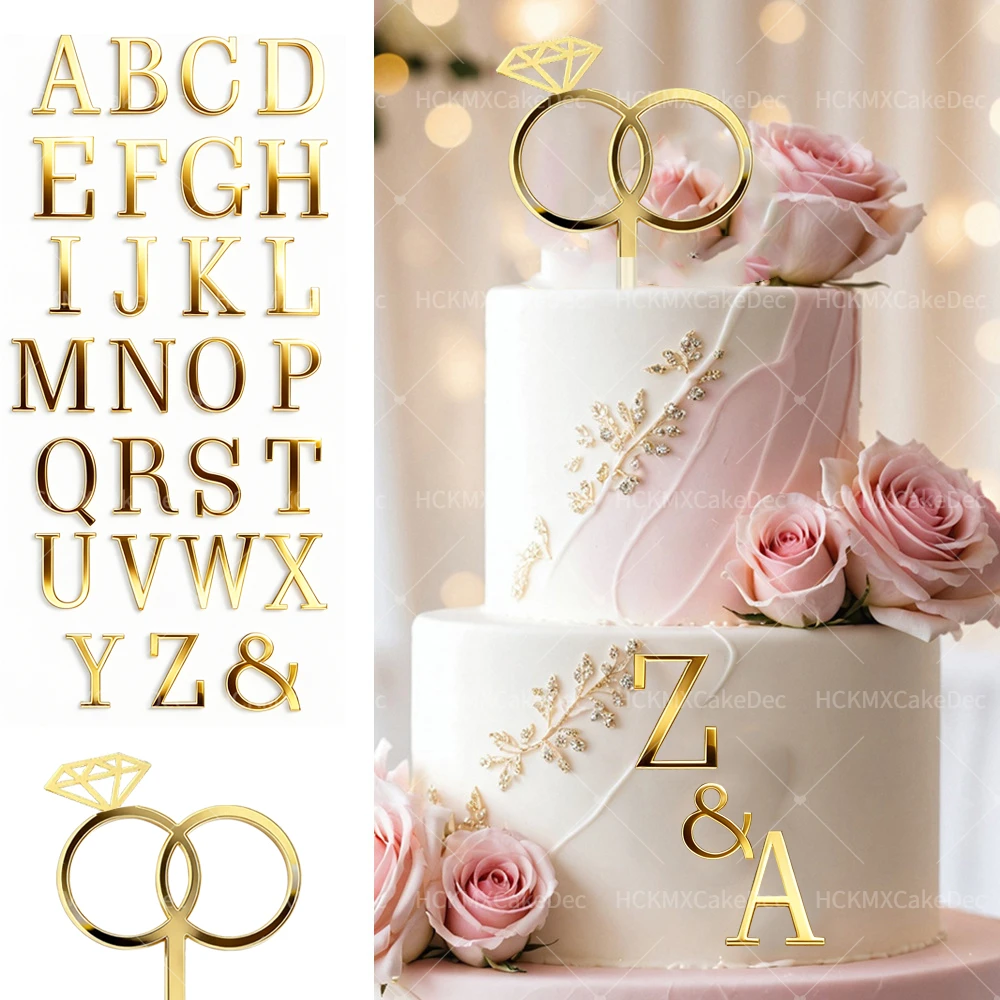 3-teilig/27-teilig/28-teilig/Set Goldene Acryl-Kuchendekoration A-Z Buchstaben & Ring-Design für Hochzeit, Verlobung und Party – Detail 1