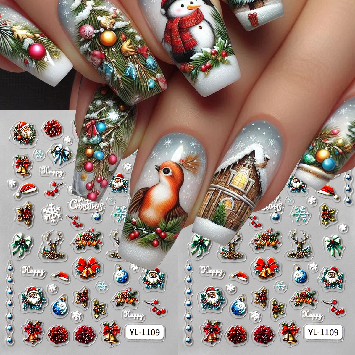2 個 5D エンボス加工クリスマスネイルアートステッカーサンタクロースベル冬の雪の結晶ヘラジカ自己粘着ネイルデカール DIY お祝い新年