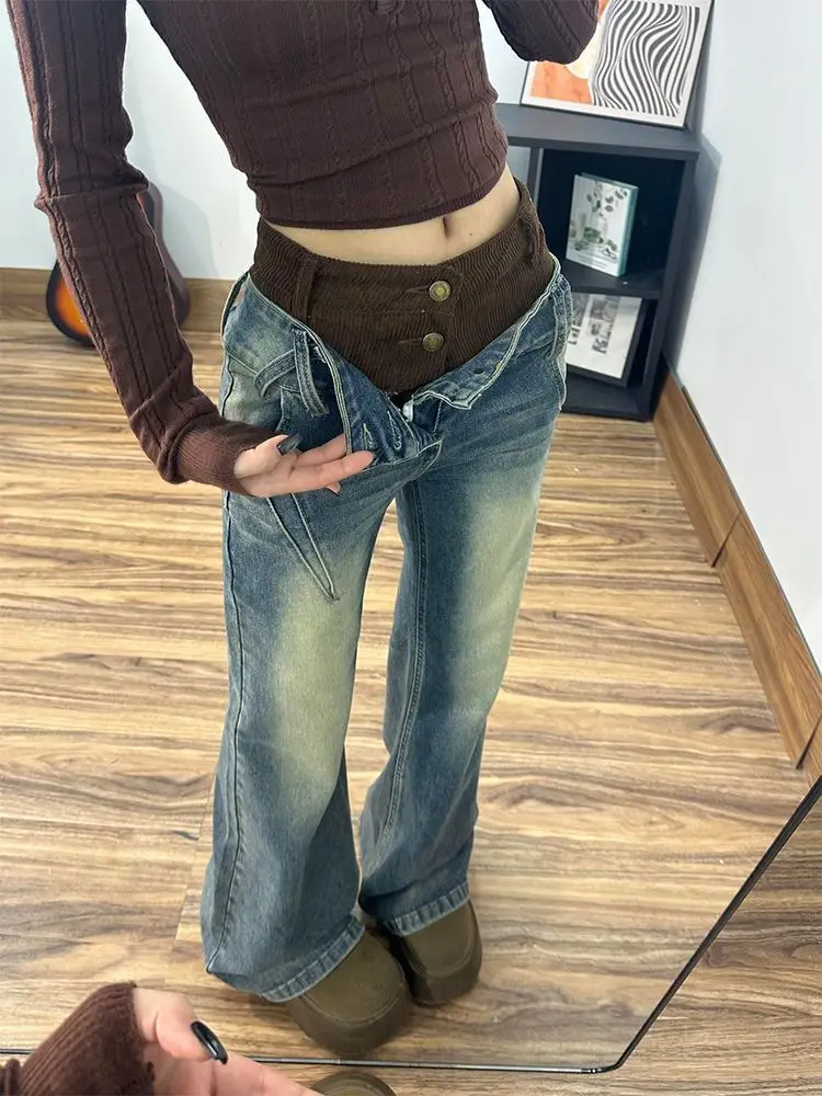 American Double Waist Splicing Jeans Children Y2k Babes Old Micro-flared Trousers
