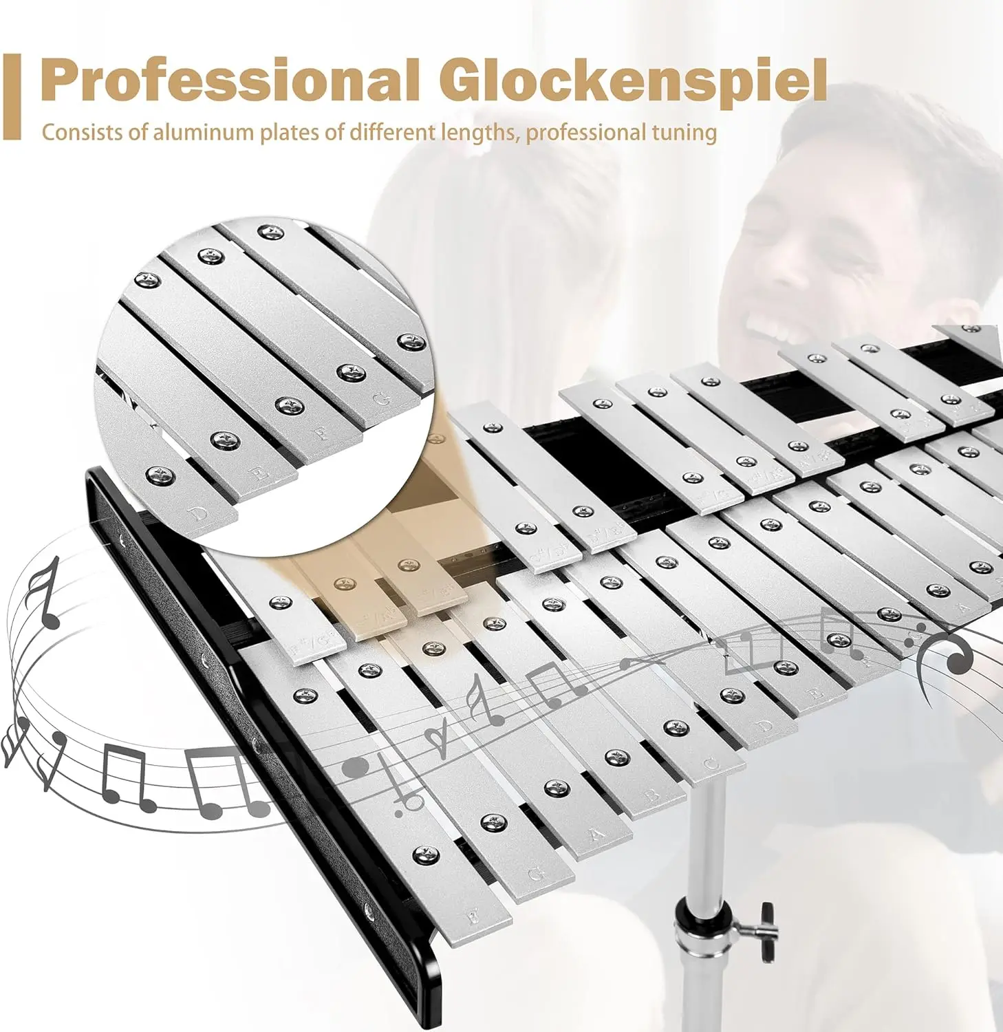 32 Glockenspiel Kit Xylophone Bell Percussion Instruments with Adjustable Height Stand, Practice Pad Mallets & Wooden Drumsticks