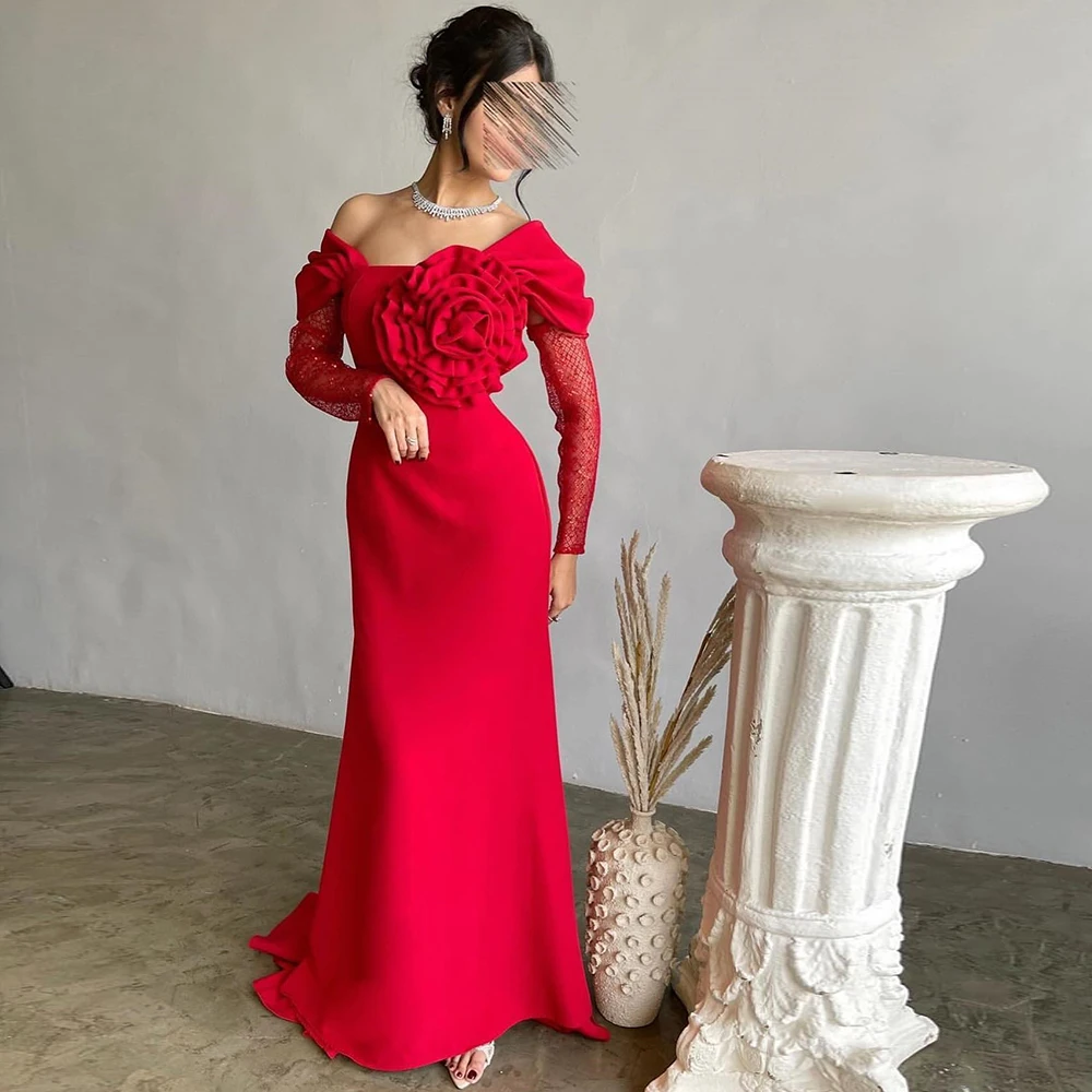 

Elegant Red Straight 3D Flowers Sweep Train One Shoulder Floor Length Jersey Long Sleeves Prom Dress Backless Saudi Arabia