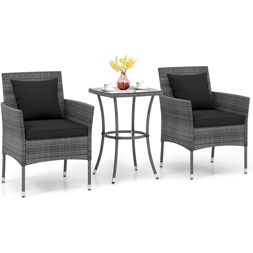 

3 Pieces Patio Furniture Set, PE Rattan Outdoor Conversation Set with Tempered Glass Table & Soft Cushions, Wicker Bistro Set