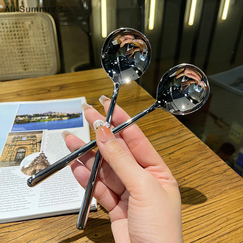 Cuchara de sopa de mango largo, cuchara de postre de acero inoxidable, cuchara de sopa occidental redonda para helado, postre, ensalada de arroz, vajilla