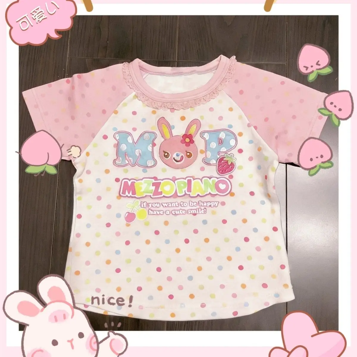Japanisches Cartoon-Mp-Jojifuku-T-Shirt mit Polka Dots, Rundhalsausschnitt und Spitze, kurzärmelig, Sommer-Neuheit, Farbblock-Raglan-Grafik-T-Shirts