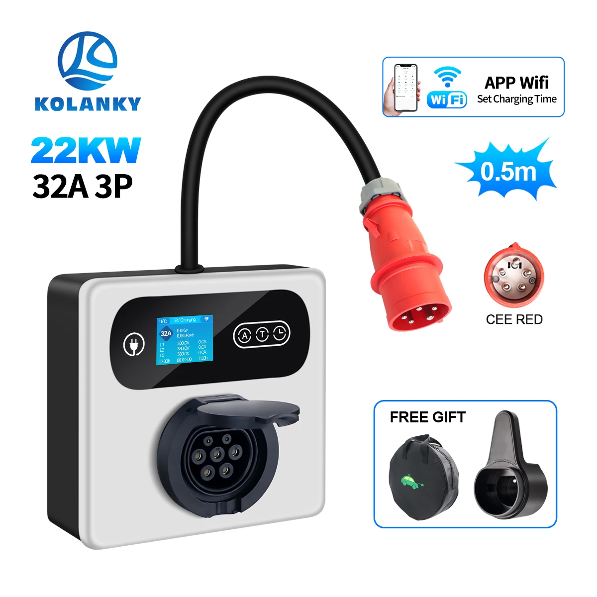 Kolanky 16A 11KW EV Charging Station With Type 2 Female Socket Cee Red To Type 2 Timer Tuya App Electric Vehicle Car Charger - afbeelding 1
