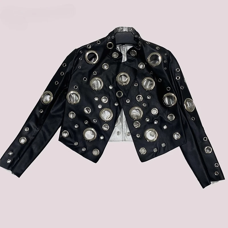 Original Splicing Contrasting Colors Hollow OutSweet Cool Women's Short Coat Spring Autumn Pu Leather Collar Pu Jacket Ladies