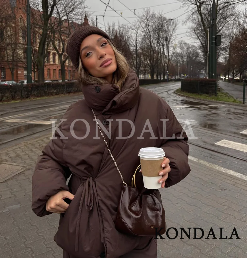 KONDALA Vintage Casual Padding Coat Women Coffee Brown Stand-up Collar Buttons Lace-up Jacket Coat 2025 Winter Trendy Lady Coat