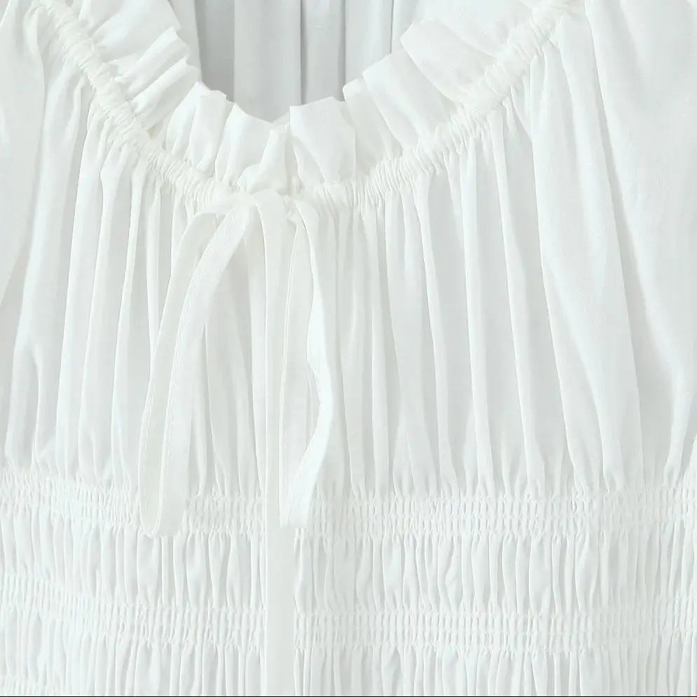 BOHO Houten oren Ruches Borst Boog U kraag Bladerdeeg Mouw Jurk Elastische Hoge Taille Geplooide Swing Midi Lange Jurken Vakantie Vestidos