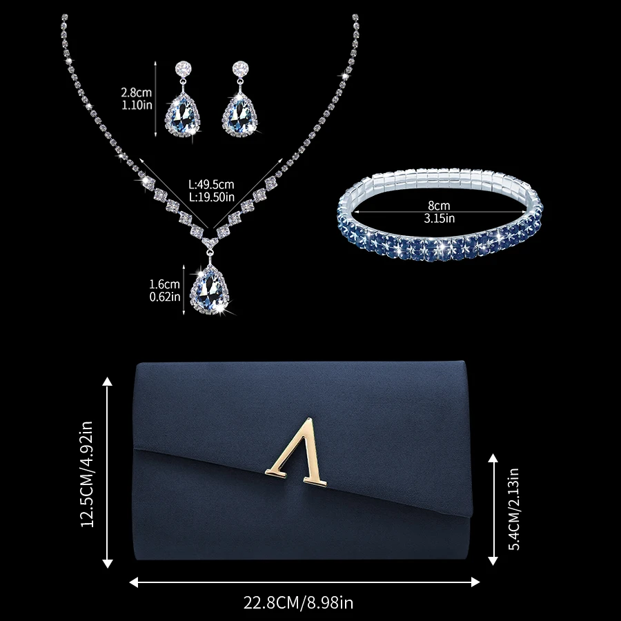 حقائب سهرة نسائية أنيقة بلون سادة وقوابض بغطاء قلاب، مقترنة بقلائد وأقراط وأساور، هدايا مثالية للحفلات