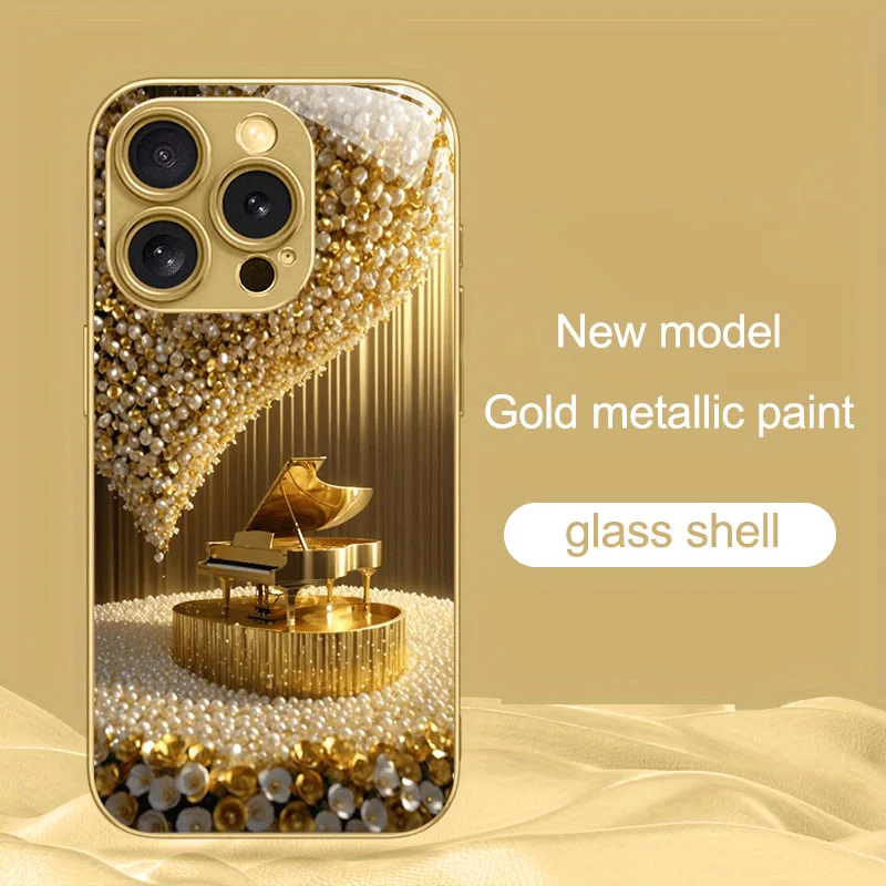 Jinzhu piano pattern gold metallic paint tempered glass protective case, suitable for iPhone 17, 16, 15, 14, 13, 12, 11, etc.