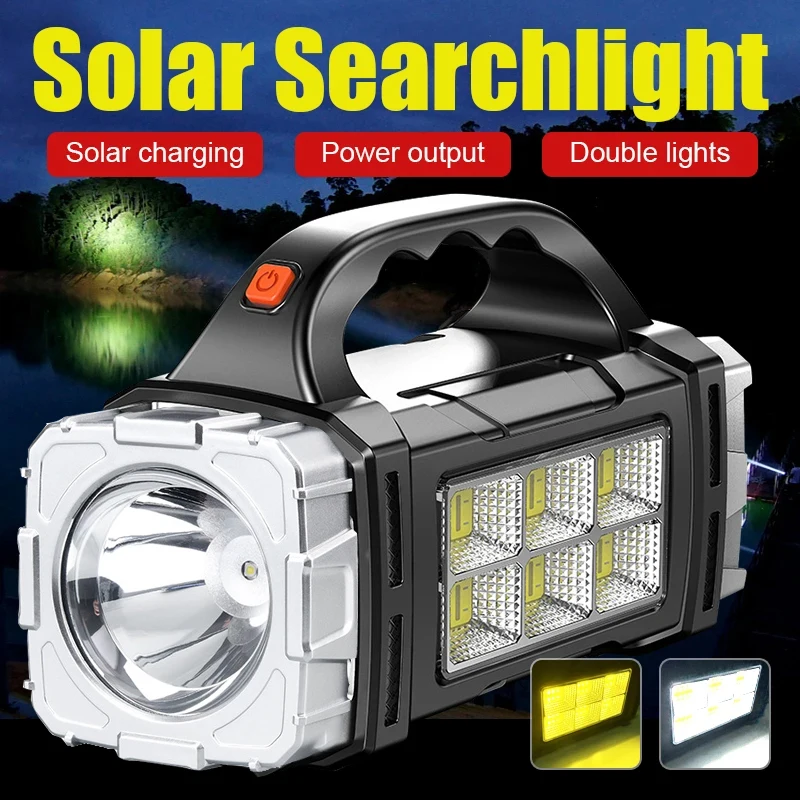 2025 Powerful LED Flashlight USB+Solar Rechargeable Flashlight COB Outdoor Camping Torch Portable Searchlight Power Bank Outdoor