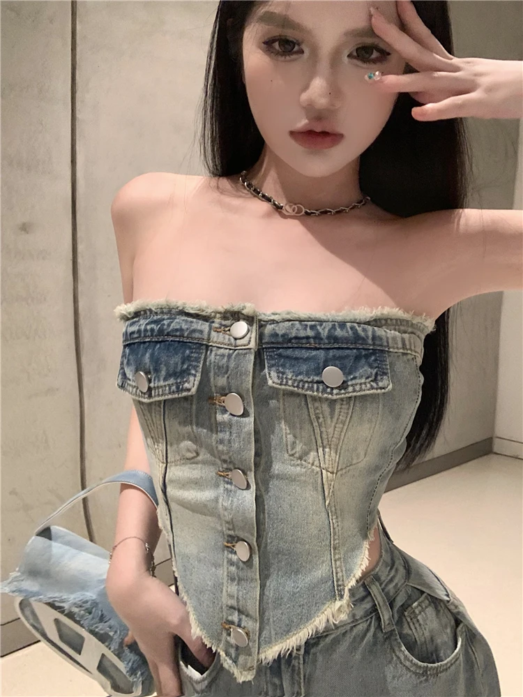 Setelan Dua Potong Atasan Crop Top Slim Fit Seksi dan Celana Jeans Distressed untuk Wanita, Bahan Poliester, Celana Panjang dengan Ritsleting