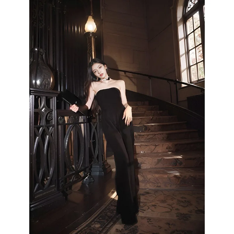 

Fashionable Trendy Tall People Won't Fall Off Black Strapless One-piece Jumpsuit Women Summer Straight Leg Wide Leg Casual Pants