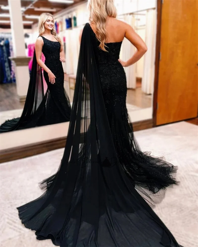 Vindal Eén schouderhals Kant Appliqué Glanzende Tule Zeemeermin Aangepaste avondjurk Mouwen Sweep Trein Formele jurken