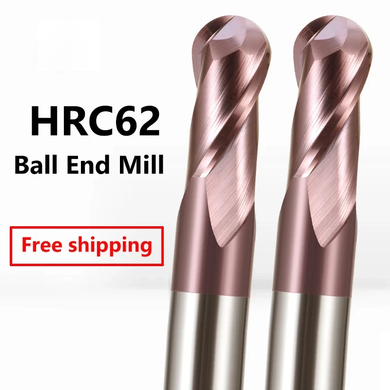 Bola Hidung Akhir Pabrik HRC62 Tungsten Karbida Pemotong CNC Router Bit R0.5 R0.75 R1,R1.25 R2 R3mm -R10mm 2 Seruling Karbida Slot Bor