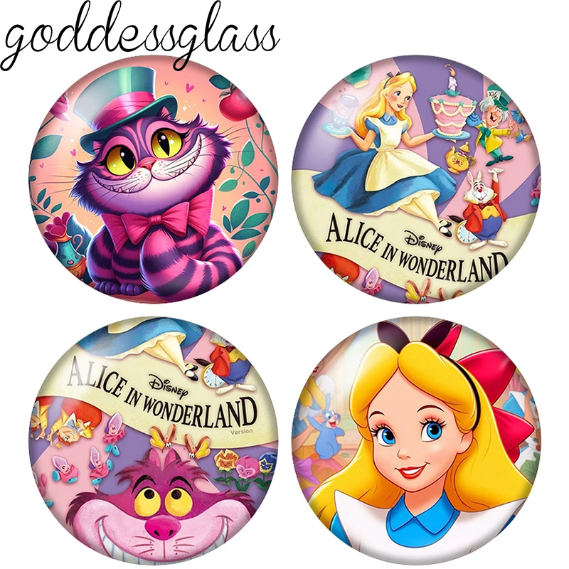 Alice Cheshire Cat Red Queen Rabbit Runder 12mm/18mm/20mm Fotoglas-Cabochon mit flacher Rückseite zur Herstellung von Schlüsselanhänger-Schmuck.