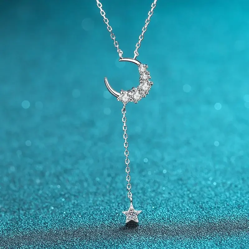 

S925 Sterling Silver Simple and Fashionable Set with Moissanite Adorned with Stars and Moon Pendant Women's Gift
