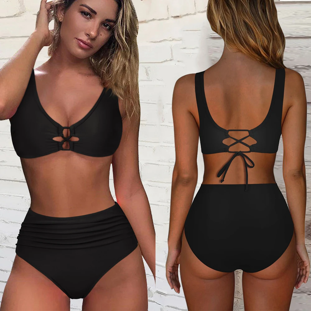 High Waist Sexy Bikini 2023 Swimwear Women Solid Bathing Suits  Bikini Set Padded Swimsuit Beachwear Push Up Bikini Set Women