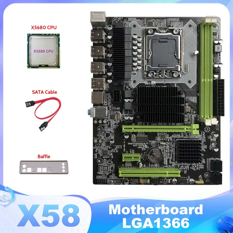 

Материнская плата X58 LGA1366 для компьютера, поддержка DDR3 ECC памяти, с ЦП X5680 и кабелем SATA