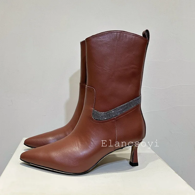 Pointed Toe Metal Bead Thin Heel Short Boots Women's Genuine Leather British Style Mid Calf Boots Fashion Western Modern Boots