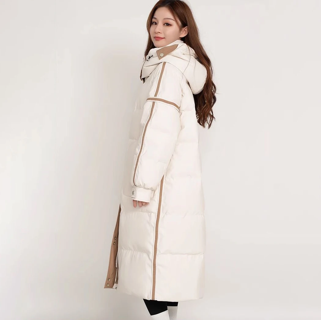 Long Down Jacket Women's Coat 2025 New Winter Contrast Color Stitching Hooded White Duck Down Jacket Casual Thicke Warm Parka