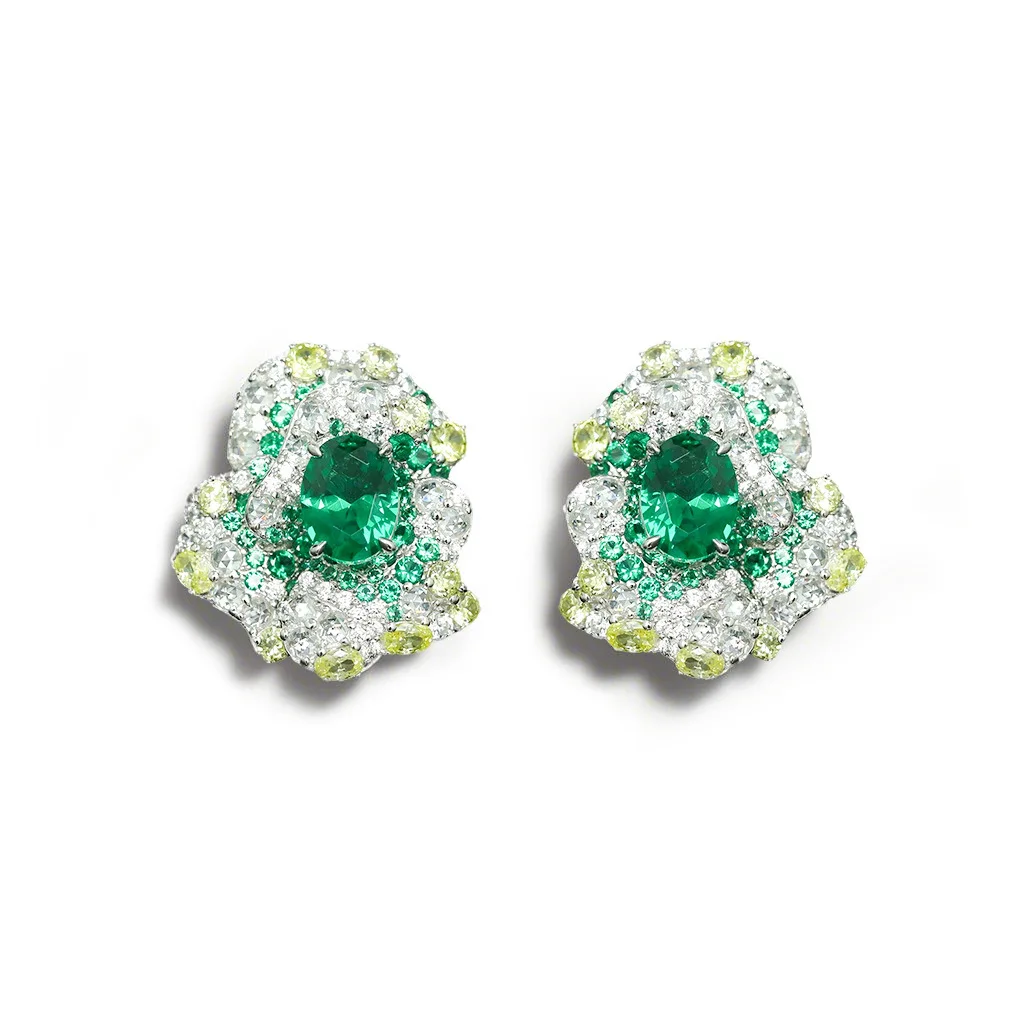 

BELLUX 925 Silver Gold Plated Carbon Diamond Zircon Muzo Green Oval Emerald Rose Secret Garden Girls Earrings