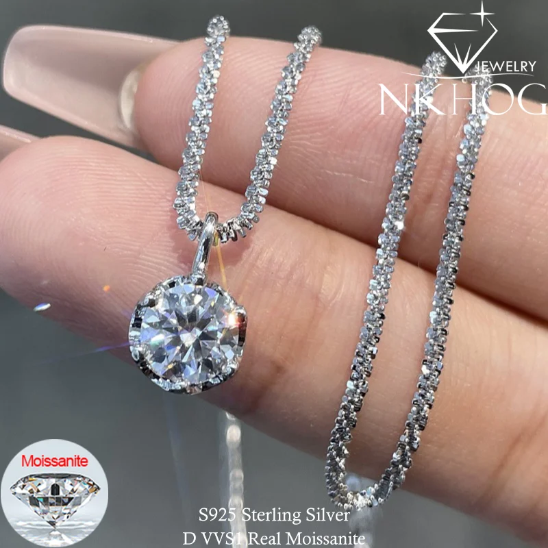 NKHOG 1CT Moissanite Pendant Necklace For Women S925 Silver Popcorn Chain Sparkling Clavicle Necklaces Fine Jewelry Lab Diamond