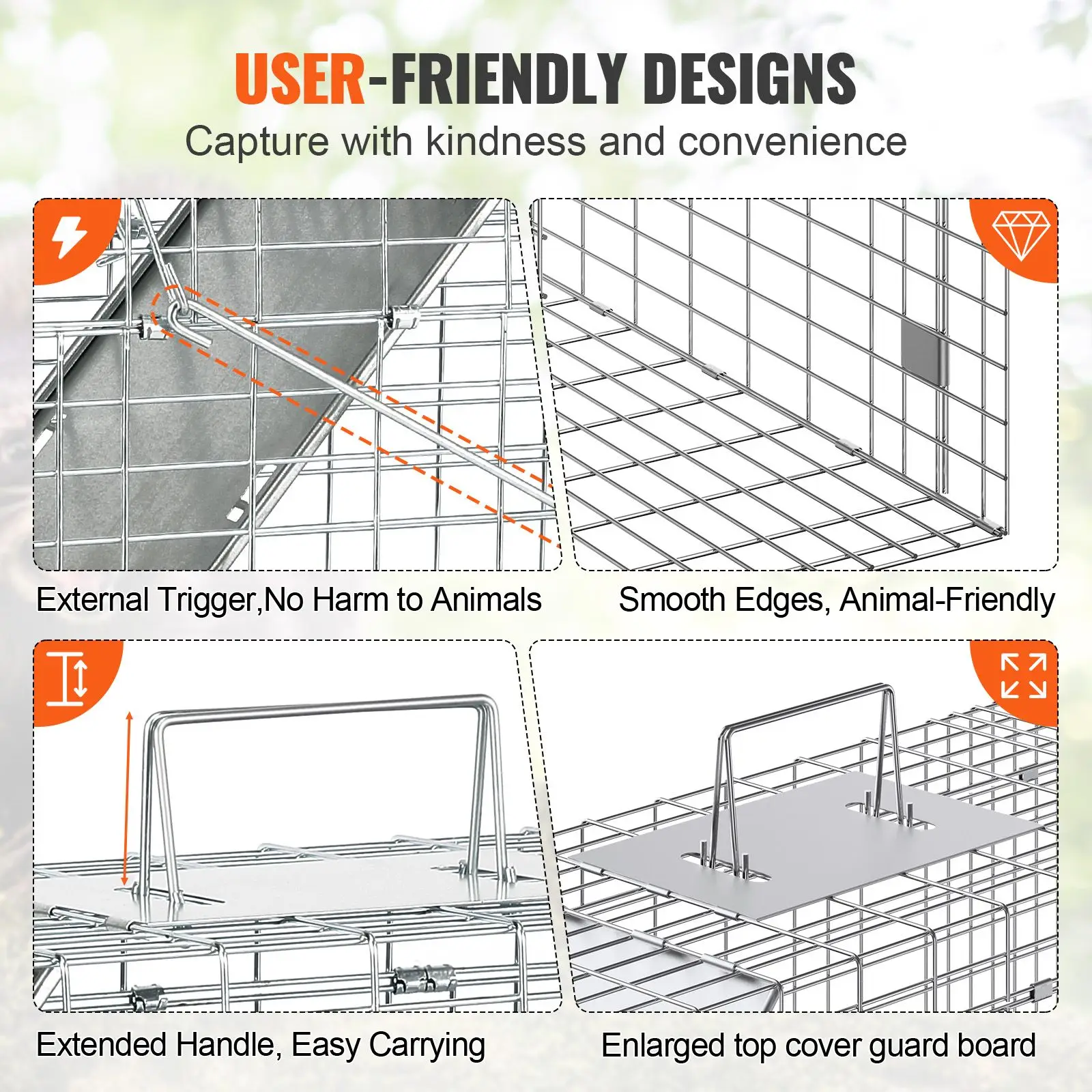 Live Animal Cage Trap, 31" x 10" x 12" Humane Cat Trap Galvanized Iron, Folding Animal Trap with Handle for Rabbits, Stray Cats, Squirrels, Raccoons, Groundhogs and Opossums view 6
