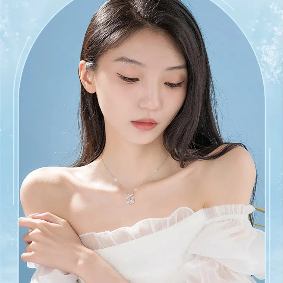 

S925 Pure Silver Pearl Necklace Moonstone Fish Tail Pendant Collarbone Chain