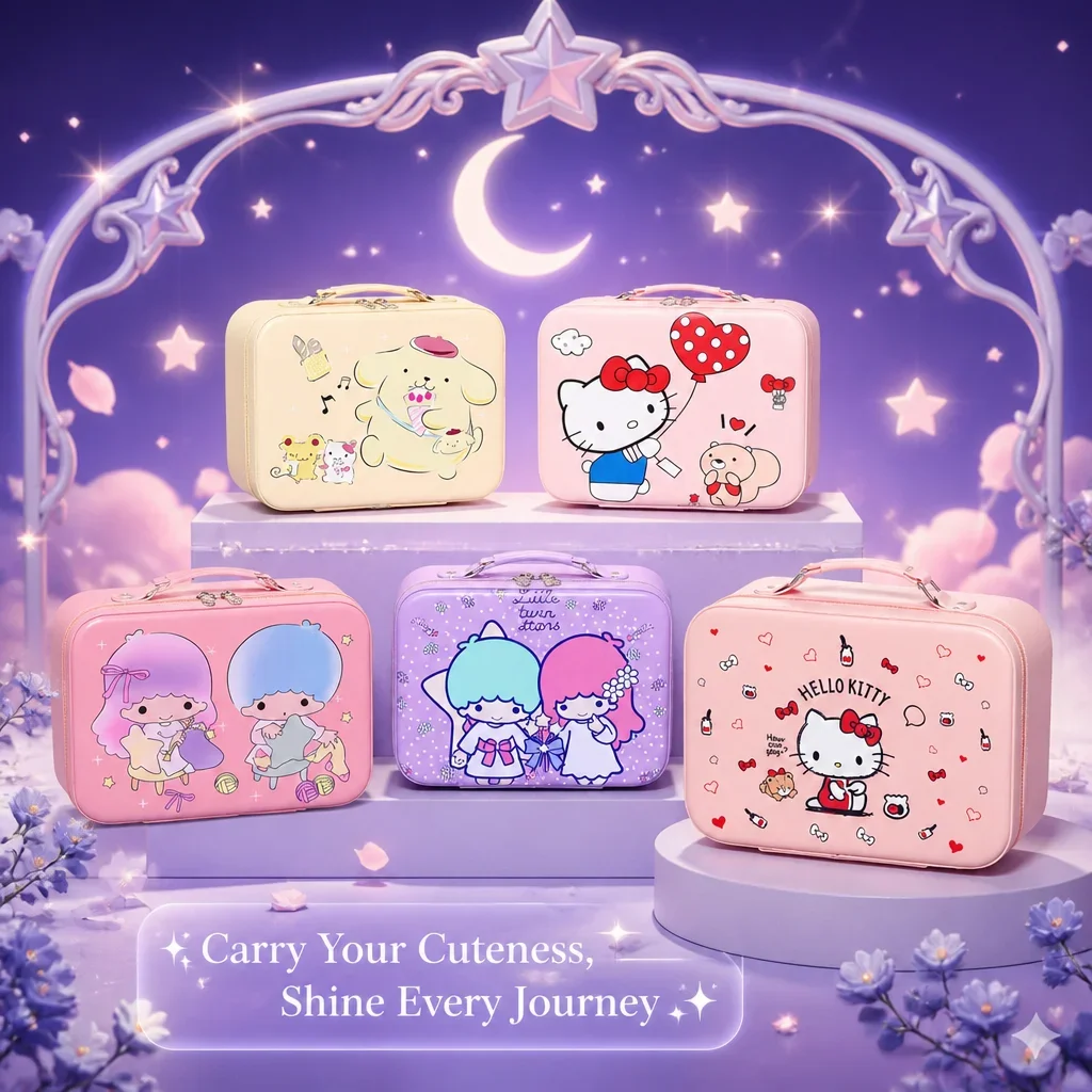 Estojo de Maquiagem Sanrio Kuromi My Melody Cinnamoroll Hello Kitty Kawaii em Couro PU Extra Grande com Espelho e Compartimento de Armazenamento