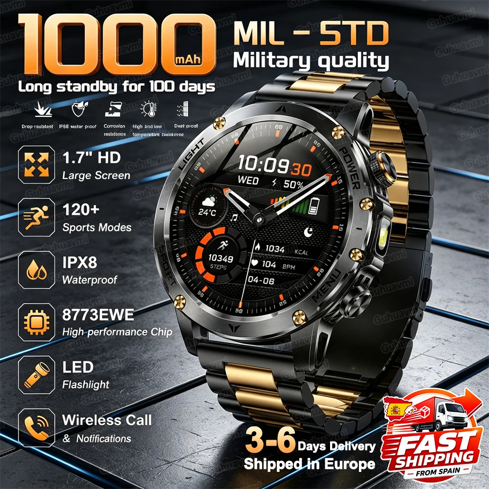 Nouvelle montre connectée de sport avec batterie de 1000mAh, écran HD de 1.7 pouces, SOS + lampe de poche, bracelet intelligent étanche IP68, montre de santé, appels Bluetooth, pour Android IOS