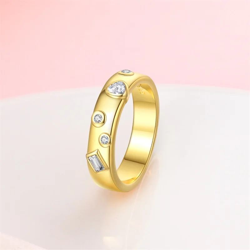 Fine Round Golden 100% 925 Sterling Silver Ring women's Simple zircone Wedding Band lover's Couple Gift Betrothal Jewelry