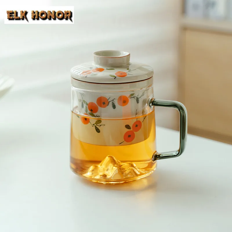 

450ml Hand Painted Persimmon Glass Filter Tea Separator Cup Boutique Tea Mug With Infuser Tea Maker Office Water Cup Teaset Gift