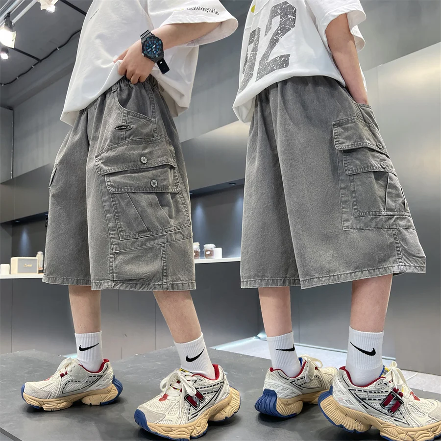 Korean Boys y2k Baggy Denim-Like Shorts With Pocket Grey Capri Jeans Kids Child Hip Hop Harajuku Casual Denim Cargo Shorts 5-14Y