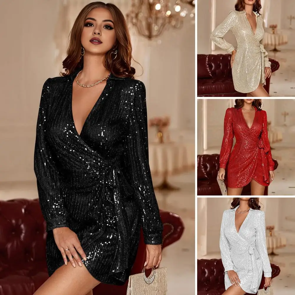 

V-neck Evening Dress Elegant Sequin V Neck Evening Dress with Lace-up Waist Long Sleeves for Prom Parties Clubbing Sequined