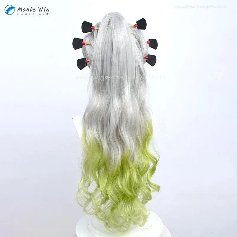 DY2025Anime Daki Cosplay Wig 100cm Long Grey Gradient Green Ponytail Daki Wigs Heat Resistant Synthetic Hair Party Wigs + Free W