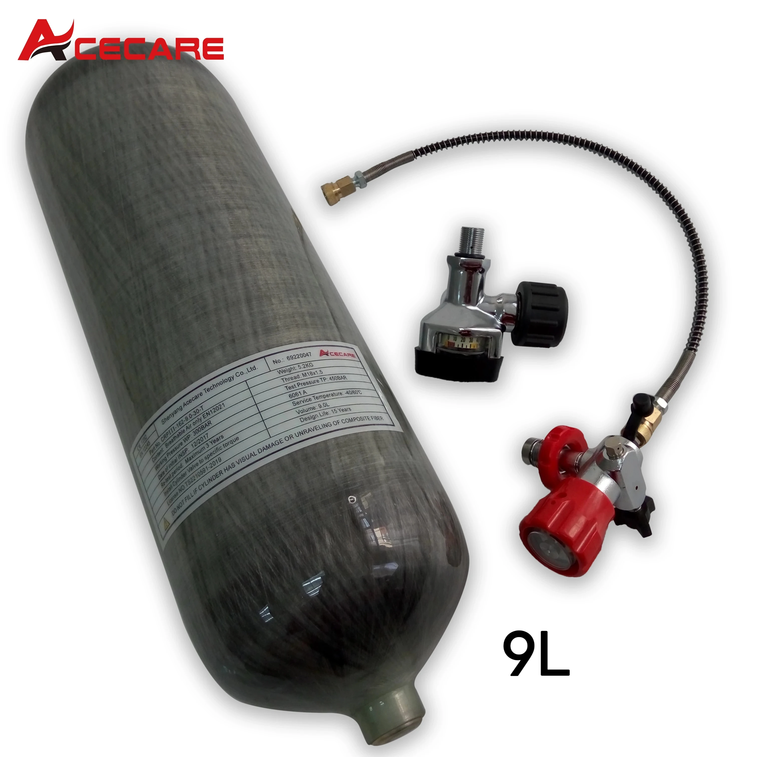 Acecare 4500psi 300Bar 9L CE Carbon Fiber Gas Cylinder HPA Compressed Air Tank With Filing Valve For Scuba Diving