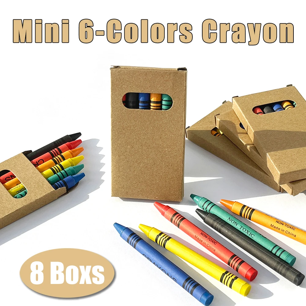 8 Boxs Mini 6-Colors Crayon Portable Set, Kraft Paper Box, Children's Painting Coloring Graffiti Crayon Painting Supplies Gift