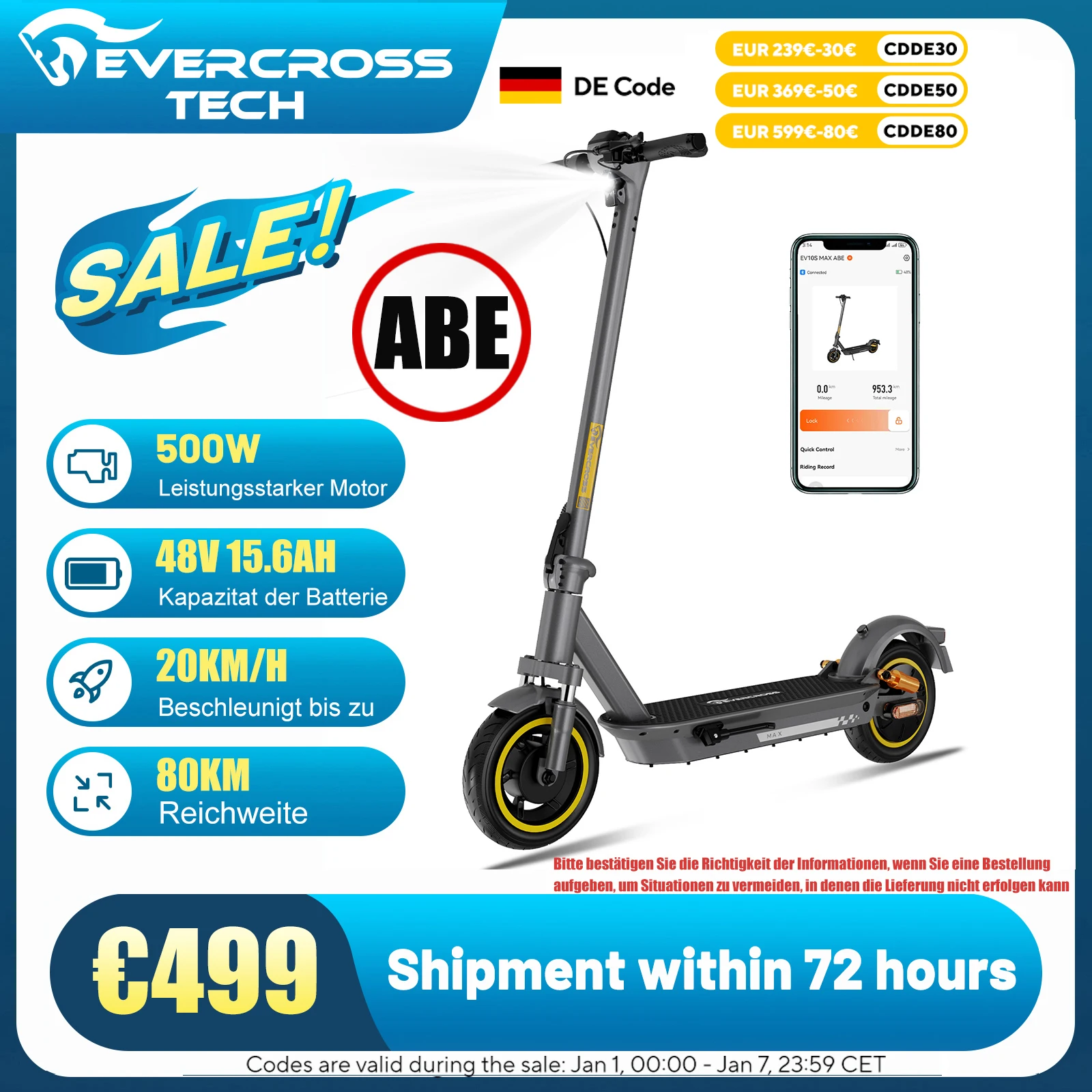 EVERCROSS TECH EV10S MAX abektroroller Faltbar pot App, 500W Motor, Reichweite bis zu km, 10 