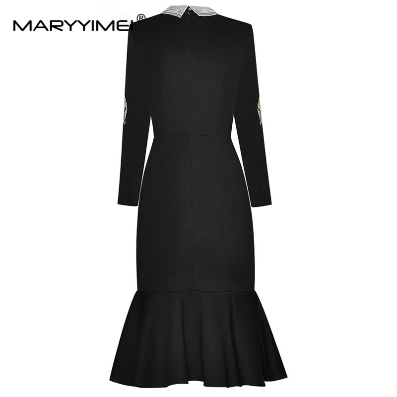 MARYYIMEI Autumn Women Dress Beaded turn-down collar Rose Embroidery Hot drilling Black Slim Package hip Elegant Mermaid Dresses