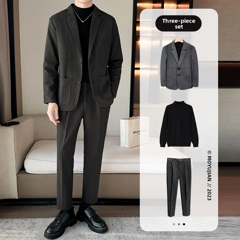 

Ele Men's Woolen Suit Jaet Casual Autumn Winter Faion Slim Fit Haome Office Wear Stand Edition Busin Casual