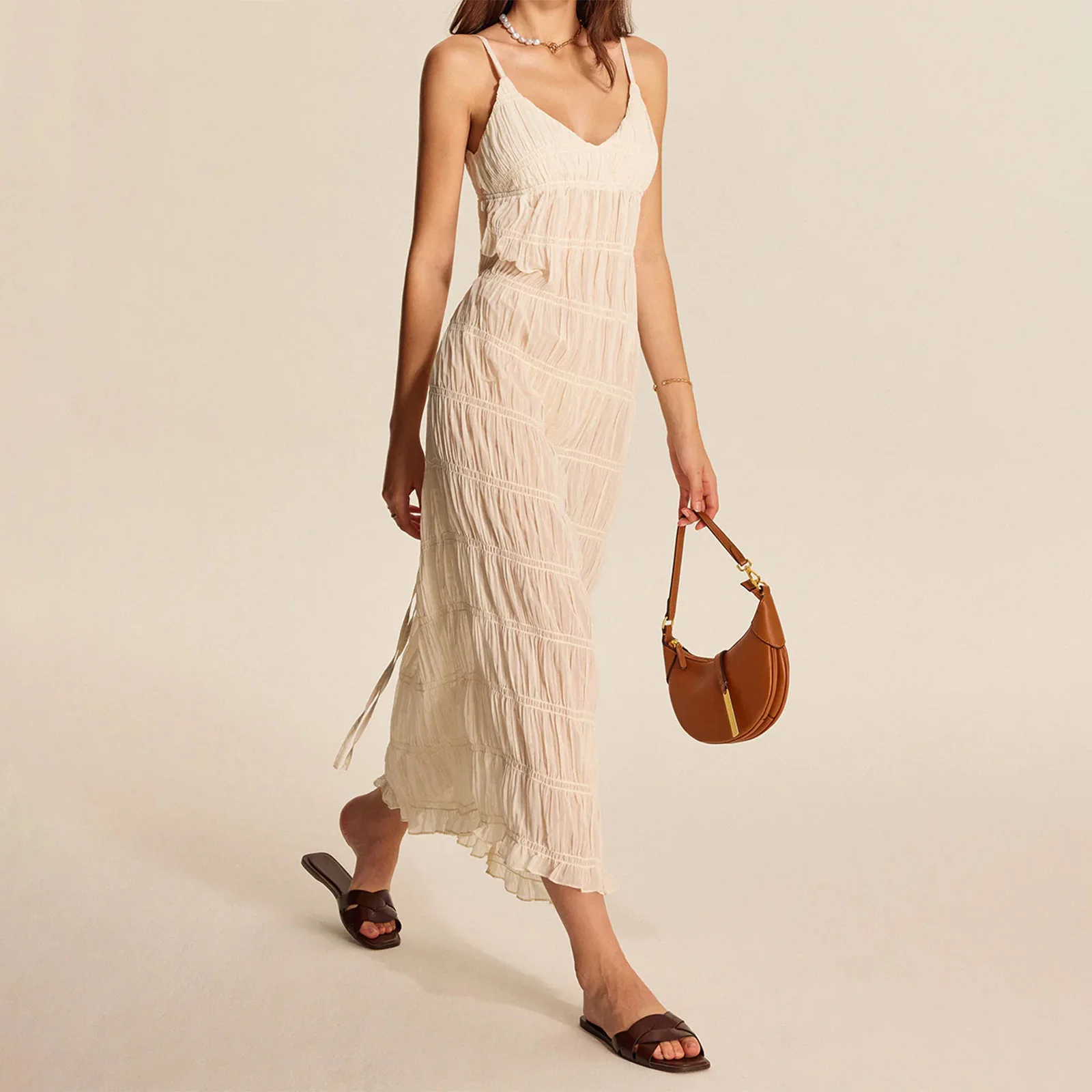 Combhasaki Abito lungo dritto da donna estivo con spalline regolabili senza maniche con scollo a V increspato e cintura smock con allacciatura sul retro