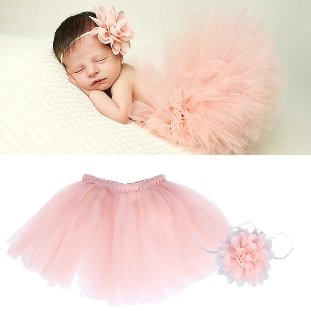 

Mini Tutu Skirt and Matching Flower Headband for Newborn Photography Soft Polyester Elastic Wide Waist Baby Girls Dress Layered