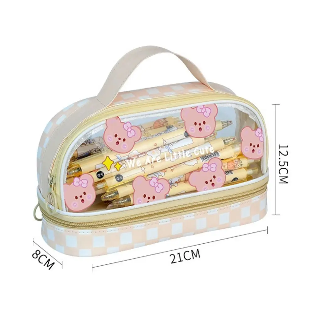 Transparente PU Cartoon Bear Pencil Bag, Padrão tabuleiro de xadrez, papelaria transparente Bag, estilo coreano