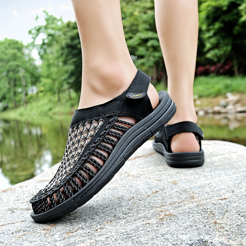 Men's Handmade Woven Beach Sandals New Summer Outdoor Casual Comfortable Hollow Out Walking Driving Shoes Plus Size 47