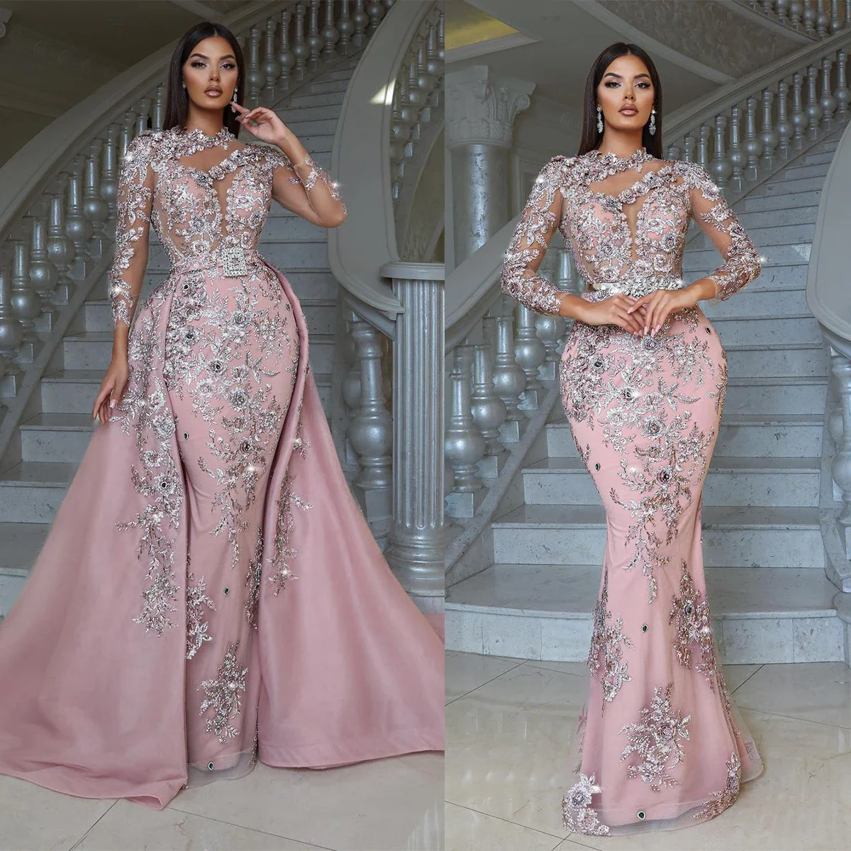 Luxury Pink Evening Dress Long Sleeve Beaded Lace Red carpet Banquet Dress Tassel  Ball Dress Customized Crystal Party Dress