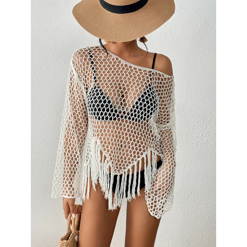Women Off Shoulder Fishnet Crochet Cover Up Top Fringe Hem Asymmetric Hem Long Sleeve Bikini Beach Swim Tunic