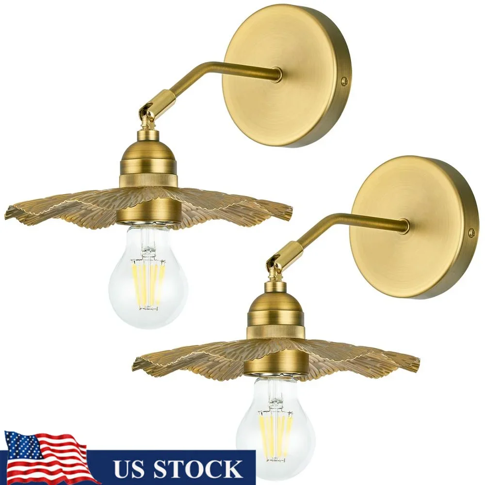 Adjustable Vintage Metal Wall Sconces Set of 2 Hardwired Antique Brass Lighting Fixtures with Lotus Leaf Design Home Decor