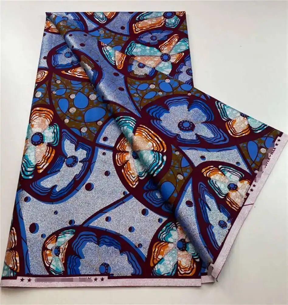 

New 6yards Kente African Glitter Grand Wax Fabric Shine Golden Batik Cotton Material Ankara Pagne TIssu Sliver For Sew Uniform